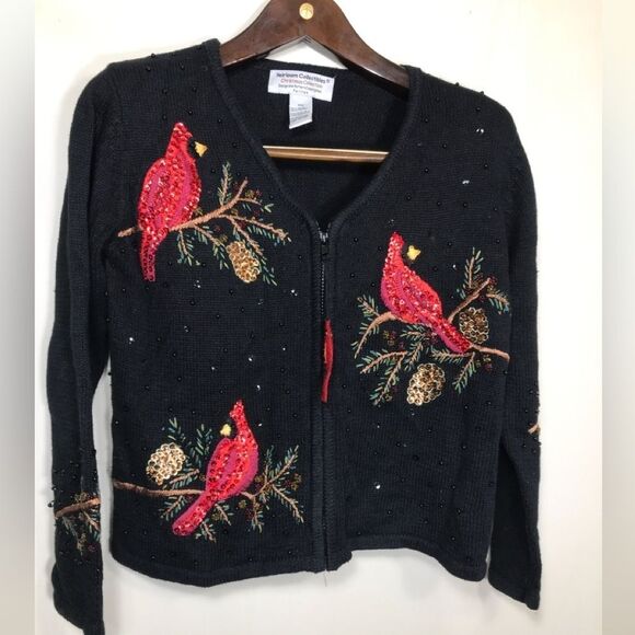 Heirloom Collectibles Christmas Sweater Bead Black Red Cardinals PM - Picture 1 of 6